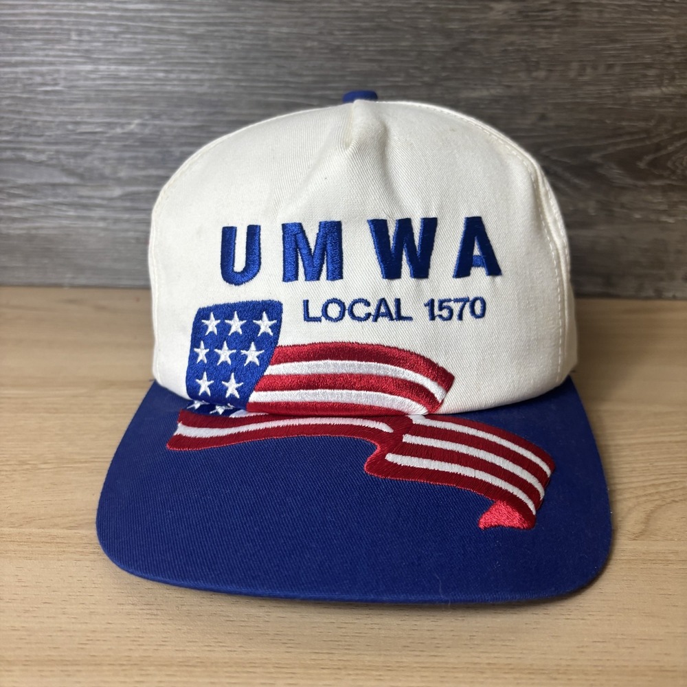 Vintage UMWA Hat Cap Snap Back White Blue Embroidered American Flag Union